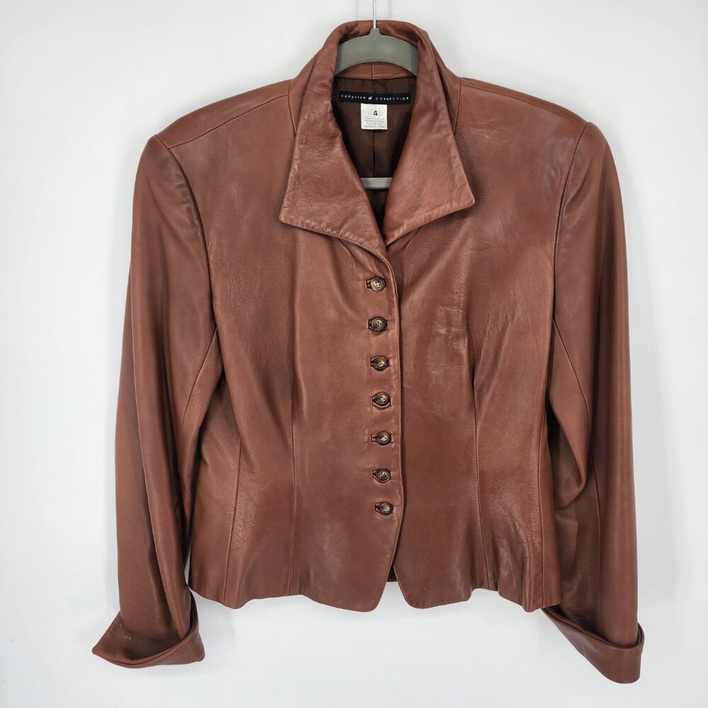 Peruvian Connection Brown Leather Button-Front Jacket